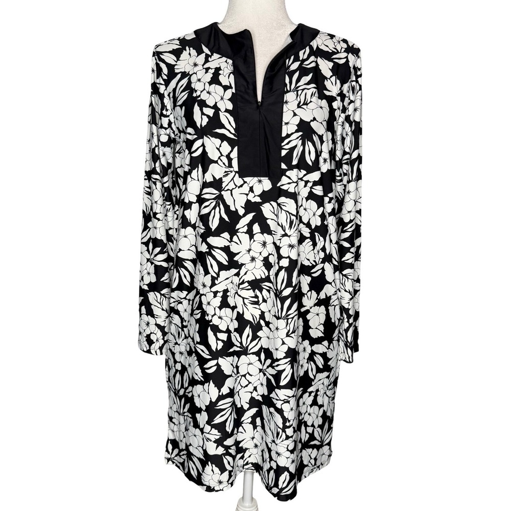 Coolibar Tunic Dress M 1/4 Zip‎ UPF 50 Floral Print Swim Cover Up Pool Athletic